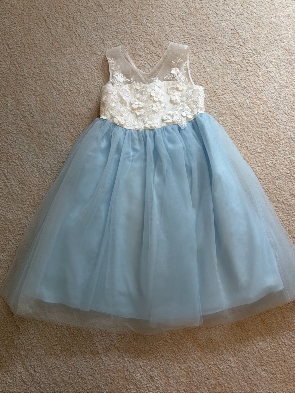 Azazie White and Light Blue Floral Appliqué Tulle Dress for Girls Flower Girl - Picture 4 of 16